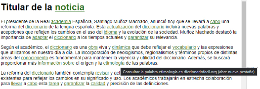 Ejemplo del aspecto de una información que incorpora las palabras definidas como enlaces en color verde, con un texto alt que informa de su apertura